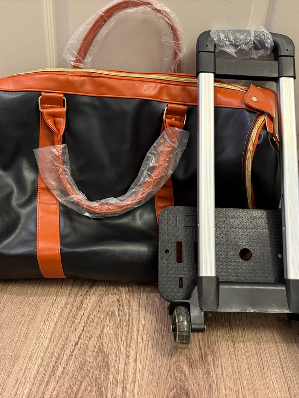 Men's Black and Brown Trim Travel Duffel Bag with Removable Trolley Sleeve